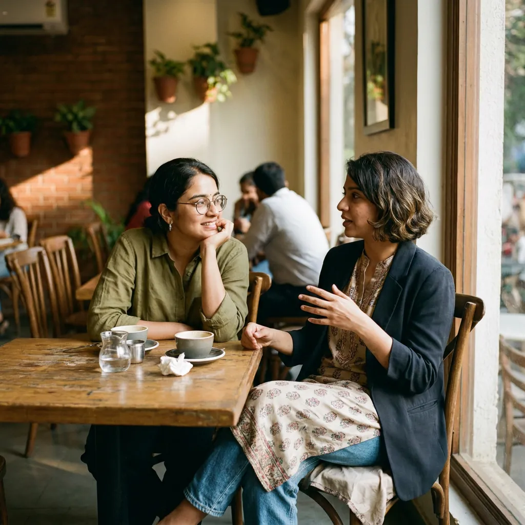 Two women deep in conversation over coffee at a window table