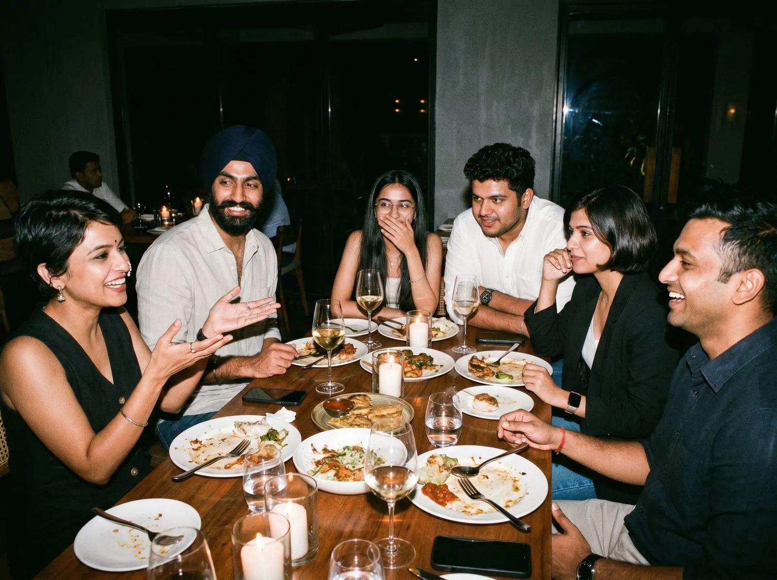 A long chef's-table dinner at a dim supper club