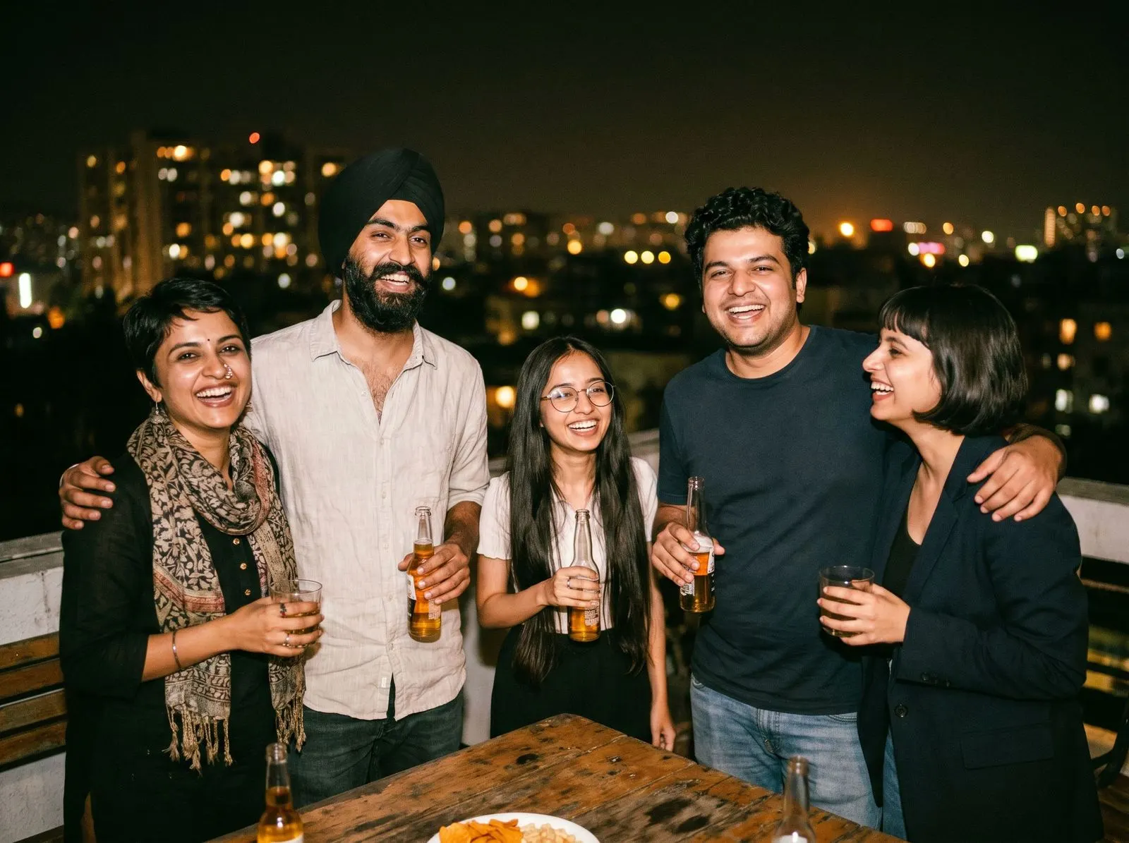 Friends mid-laugh at a rooftop